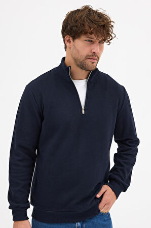 Erkek Lacivert Standart Fit Normal Kesim Pamuklu Yarım Fermuarlı Dik Yaka Pamuklu Sweatshirt