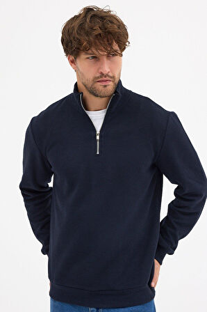 Erkek Lacivert Standart Fit Normal Kesim Pamuklu Yarım Fermuarlı Dik Yaka Pamuklu Sweatshirt