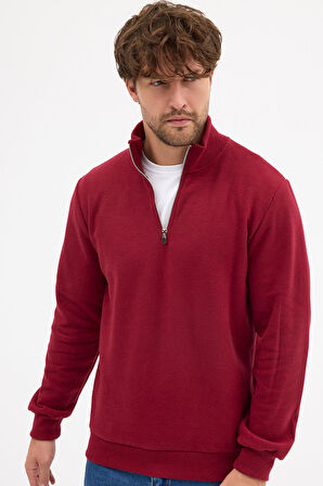 Erkek Bordo Standart Fit Normal Kesim Pamuklu Yarım Fermuarlı Dik Yaka Pamuklu Sweatshirt