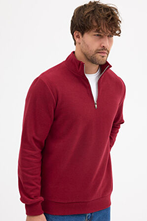 Erkek Bordo Standart Fit Normal Kesim Pamuklu Yarım Fermuarlı Dik Yaka Pamuklu Sweatshirt
