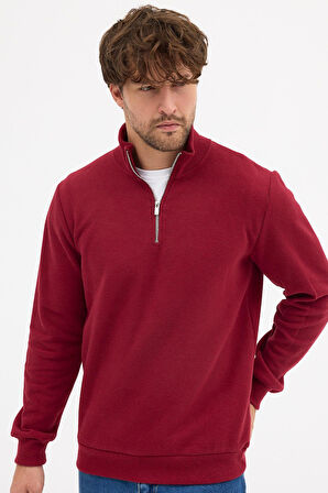 Erkek Bordo Standart Fit Normal Kesim Pamuklu Yarım Fermuarlı Dik Yaka Pamuklu Sweatshirt