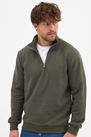 Erkek Haki Standart Fit Normal Kesim Pamuklu Yarım Fermuarlı Dik Yaka Pamuklu Sweatshirt