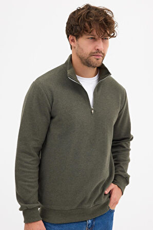 Erkek Haki Standart Fit Normal Kesim Pamuklu Yarım Fermuarlı Dik Yaka Pamuklu Sweatshirt