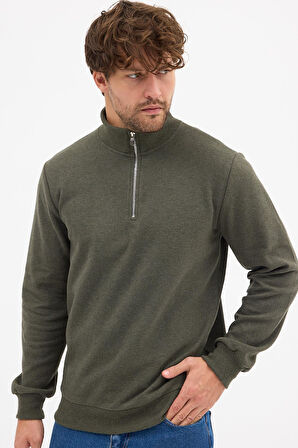 Erkek Haki Standart Fit Normal Kesim Pamuklu Yarım Fermuarlı Dik Yaka Pamuklu Sweatshirt