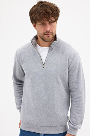 Erkek Gri Standart Fit Normal Kesim Pamuklu Yarım Fermuarlı Dik Yaka Pamuklu Sweatshirt