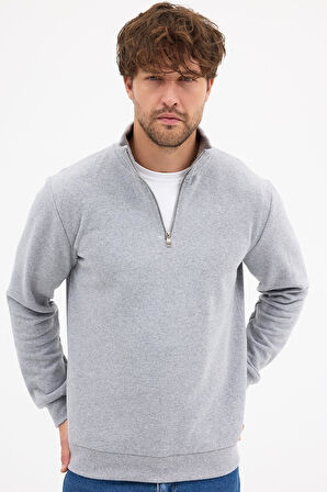 Erkek Gri Standart Fit Normal Kesim Pamuklu Yarım Fermuarlı Dik Yaka Pamuklu Sweatshirt