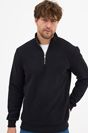 Erkek Siyah Standart Fit Normal Kesim Pamuklu Yarım Fermuarlı Dik Yaka Pamuklu Sweatshirt