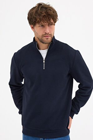 Erkek Lacivert Standart Fit Normal Kesim Pamuklu Yarım Fermuarlı Dik Yaka Pamuklu Sweatshirt