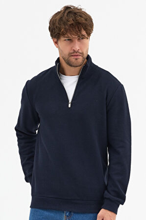 Erkek Lacivert Standart Fit Normal Kesim Pamuklu Yarım Fermuarlı Dik Yaka Pamuklu Sweatshirt