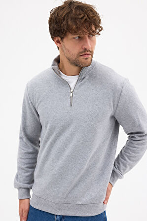 Erkek Gri Standart Fit Normal Kesim Pamuklu Yarım Fermuarlı Dik Yaka Pamuklu Sweatshirt