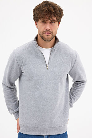 Erkek Gri Standart Fit Normal Kesim Pamuklu Yarım Fermuarlı Dik Yaka Pamuklu Sweatshirt