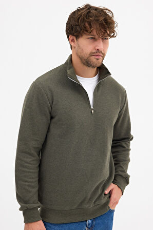 Erkek Haki Standart Fit Normal Kesim Pamuklu Yarım Fermuarlı Dik Yaka Pamuklu Sweatshirt