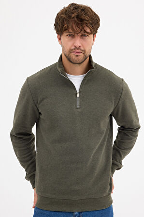 Erkek Haki Standart Fit Normal Kesim Pamuklu Yarım Fermuarlı Dik Yaka Pamuklu Sweatshirt