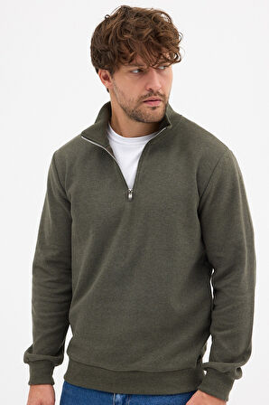 Erkek Haki Standart Fit Normal Kesim Pamuklu Yarım Fermuarlı Dik Yaka Pamuklu Sweatshirt