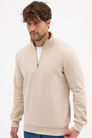 Erkek Bej Standart Fit Normal Kesim Pamuklu Yarım Fermuarlı Dik Yaka Pamuklu Sweatshirt