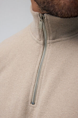 Erkek Bej Standart Fit Normal Kesim Pamuklu Yarım Fermuarlı Dik Yaka Pamuklu Sweatshirt
