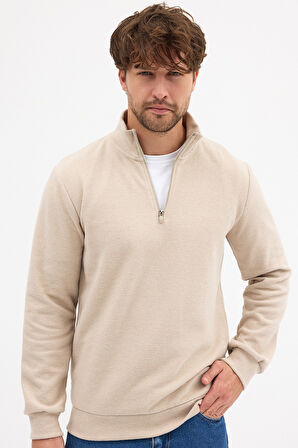 Erkek Bej Standart Fit Normal Kesim Pamuklu Yarım Fermuarlı Dik Yaka Pamuklu Sweatshirt
