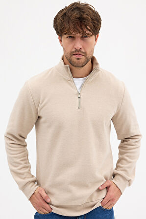 Erkek Bej Standart Fit Normal Kesim Pamuklu Yarım Fermuarlı Dik Yaka Pamuklu Sweatshirt