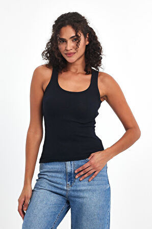 Kadın Lacivert Fitilli Görünümlü Askılı Kalın Basic Atlet