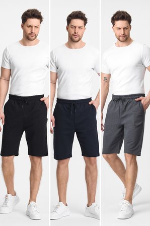 Erkek Siyah-Lacivert-Antrasit Yan Cepli Beli Lastikli Regular Fit Rahat Kesim 3'lü Şort