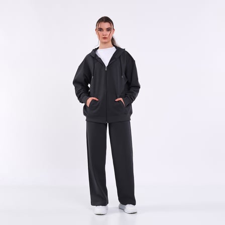 Kadın Antrasit Normal Kalıp Basic Beli Lastikli Kapüşonlu Oversize Mevsimlik Alt Üst Eşofman Takımı