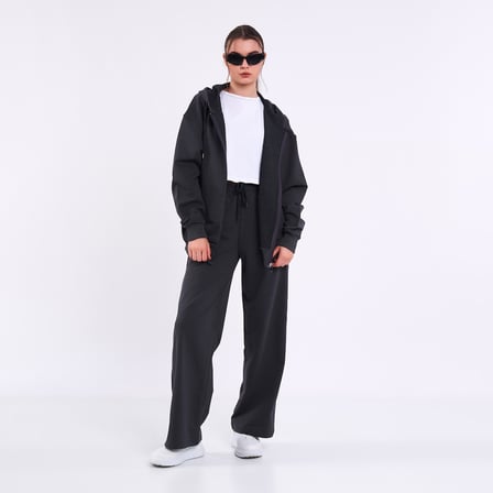 Kadın Antrasit Normal Kalıp Basic Beli Lastikli Kapüşonlu Oversize Mevsimlik Alt Üst Eşofman Takımı