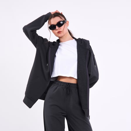 Kadın Antrasit Normal Kalıp Basic Beli Lastikli Kapüşonlu Oversize Mevsimlik Alt Üst Eşofman Takımı