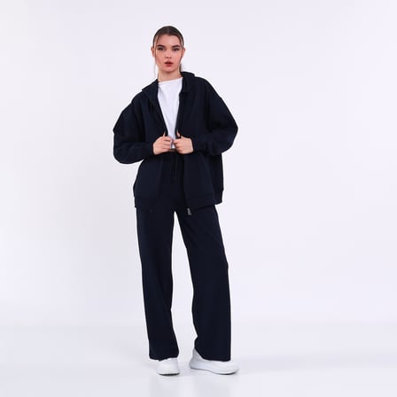 Kadın Lacivert Normal Kalıp Basic Beli Lastikli Kapüşonlu Oversize Mevsimlik Alt Üst Eşofman Takımı