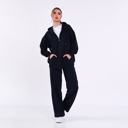 Kadın Lacivert Normal Kalıp Basic Beli Lastikli Kapüşonlu Oversize Mevsimlik Alt Üst Eşofman Takımı