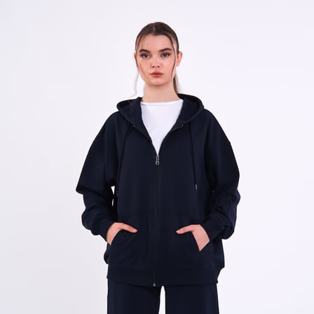 Kadın Lacivert Normal Kalıp Basic Beli Lastikli Kapüşonlu Oversize Mevsimlik Alt Üst Eşofman Takımı