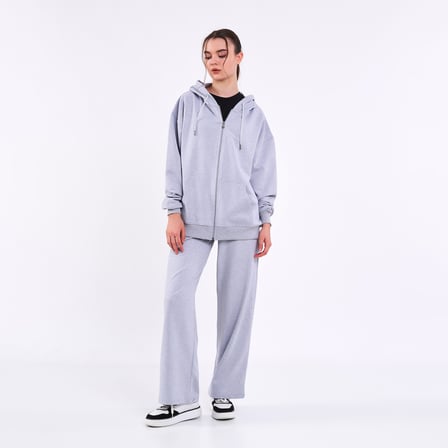 Kadın Gri Normal Kalıp Basic Beli Lastikli Kapüşonlu Oversize Mevsimlik Alt Üst Eşofman Takımı