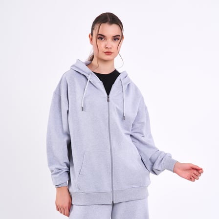 Kadın Gri Normal Kalıp Basic Beli Lastikli Kapüşonlu Oversize Mevsimlik Alt Üst Eşofman Takımı