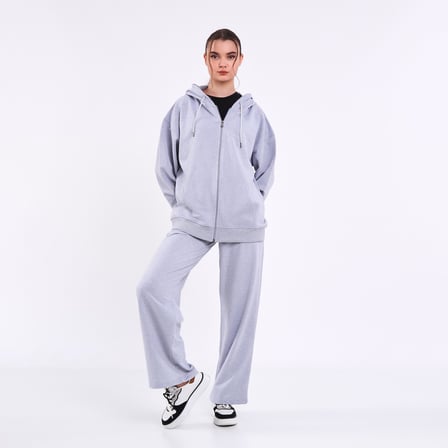 Kadın Gri Normal Kalıp Basic Beli Lastikli Kapüşonlu Oversize Mevsimlik Alt Üst Eşofman Takımı