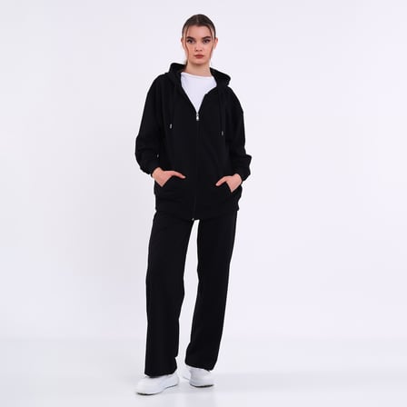 Kadın Siyah Normal Kalıp Basic Beli Lastikli Kapüşonlu Oversize Mevsimlik Alt Üst Eşofman Takımı