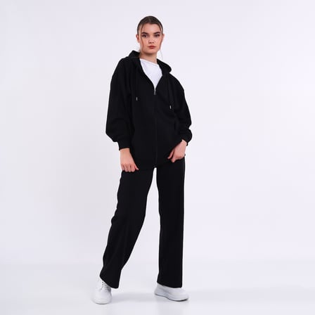 Kadın Siyah Normal Kalıp Basic Beli Lastikli Kapüşonlu Oversize Mevsimlik Alt Üst Eşofman Takımı