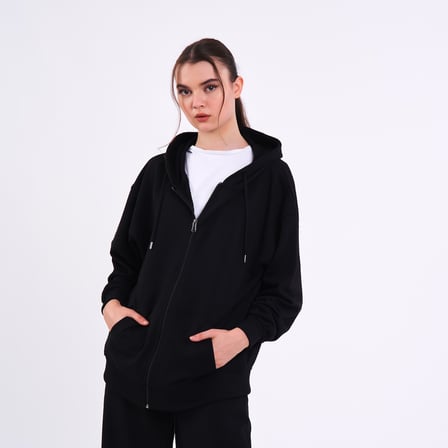 Kadın Siyah Normal Kalıp Basic Beli Lastikli Kapüşonlu Oversize Mevsimlik Alt Üst Eşofman Takımı
