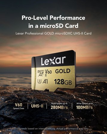 GOLD 128GB Mikro SD Kart, microSDXC UHS-II Bellek Kartı, V60, U3, A1, C10 microSD Kart, 280MB/s'ye kadar Okuma, Drone/Aksiyon Kamerası/UHS-II Taşınabilir Oyun Cihazı için (LMSGOLD128G-BNNNG)