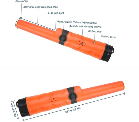 Pinpointer Metal Dedektörü, Hazine Avcılık Aracı Buzzer Titreşimli Taşınabilir Pim İşaretçi LED Göstergeleri ve Kemer Kılıfı ile (Turuncu)