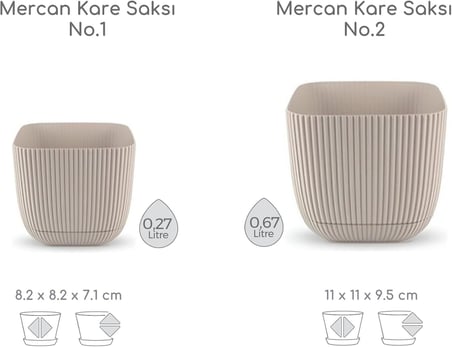 Mercan Kare Saksı Seti 0,27 litre + 0,67 litre, İç Mekan - Dış Mekan 2li Ekonomik Gizli Su Hazneli Plastik Saksı Set Latte Renk