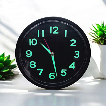 Fosforlu 3D Kabartma Rakam Mini Küçük Saat Duvar Saati Çap 22 Cm Siyah