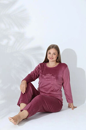 Kadın Gül Kurusu Büyük Beden Kadife Kışlık Pijama Takımı