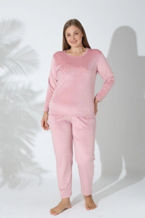 Kadın Pudra Büyük Beden Kadife Kışlık Pijama Takımı