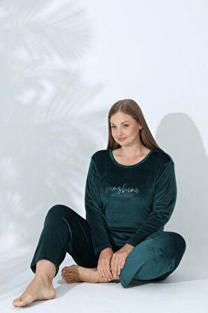 Kadın Petrol Yeşili Büyük Beden Kadife Kışlık Pijama Takımı