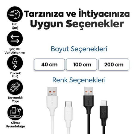 USB to Type-C ile Uyumlu iPhone ve Samsung ile Uyumlu Hızlı Şarj ve Data Kablosu 40 cm (Beyaz)