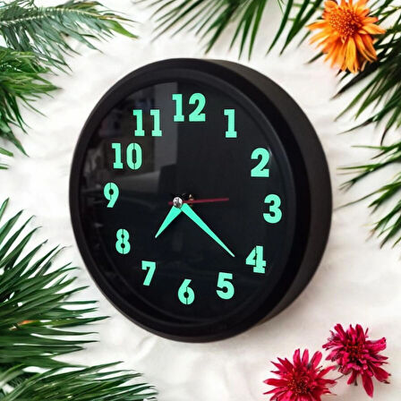 Fosforlu Metal Siyah Mini Duvar Saati Çap 20 cm Küçük Saat