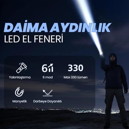 Flashlight BX2153FL 7W LED, Max. 330 Lümen Parlaklık ve 325 Metreye Kadar Menzilli 2000mAh Şarj Edilebilir Manyetik Cob LED Gövdeli Kompakt El Feneri