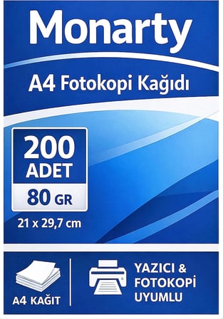 A4 Fotokopi Kağıdı, 21x29,7 cm, 200 Sayfa, Beyaz, Yazıcı ve Fotokopi Uyumlu 80 gram