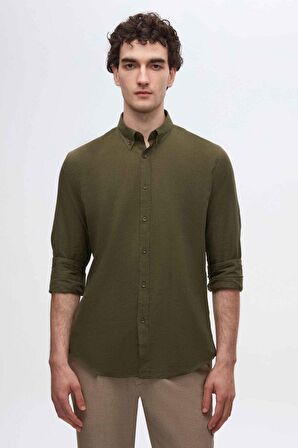 D'S Damat Slim Fit Haki Düğmeli Yaka %100 Pamuk Yazlık Flamlı Keten Görünümlü Gömlek 6HC02ORT63265