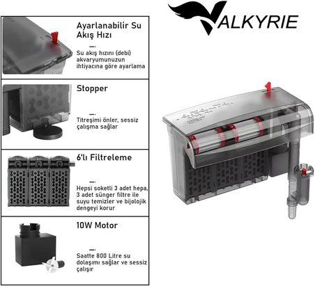 Askılı Akvaryum Şelale Filtre 10W 800 L/H 6’lı Filtre Yüzey Temizleyici