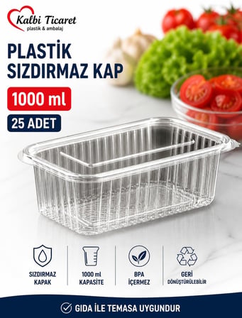 Plastik Saklama Kabı 1000 gr 25 Adet Plastik Kapaklı Kase Sızdırmaz Kap Şeffaf Kullan At Kase
